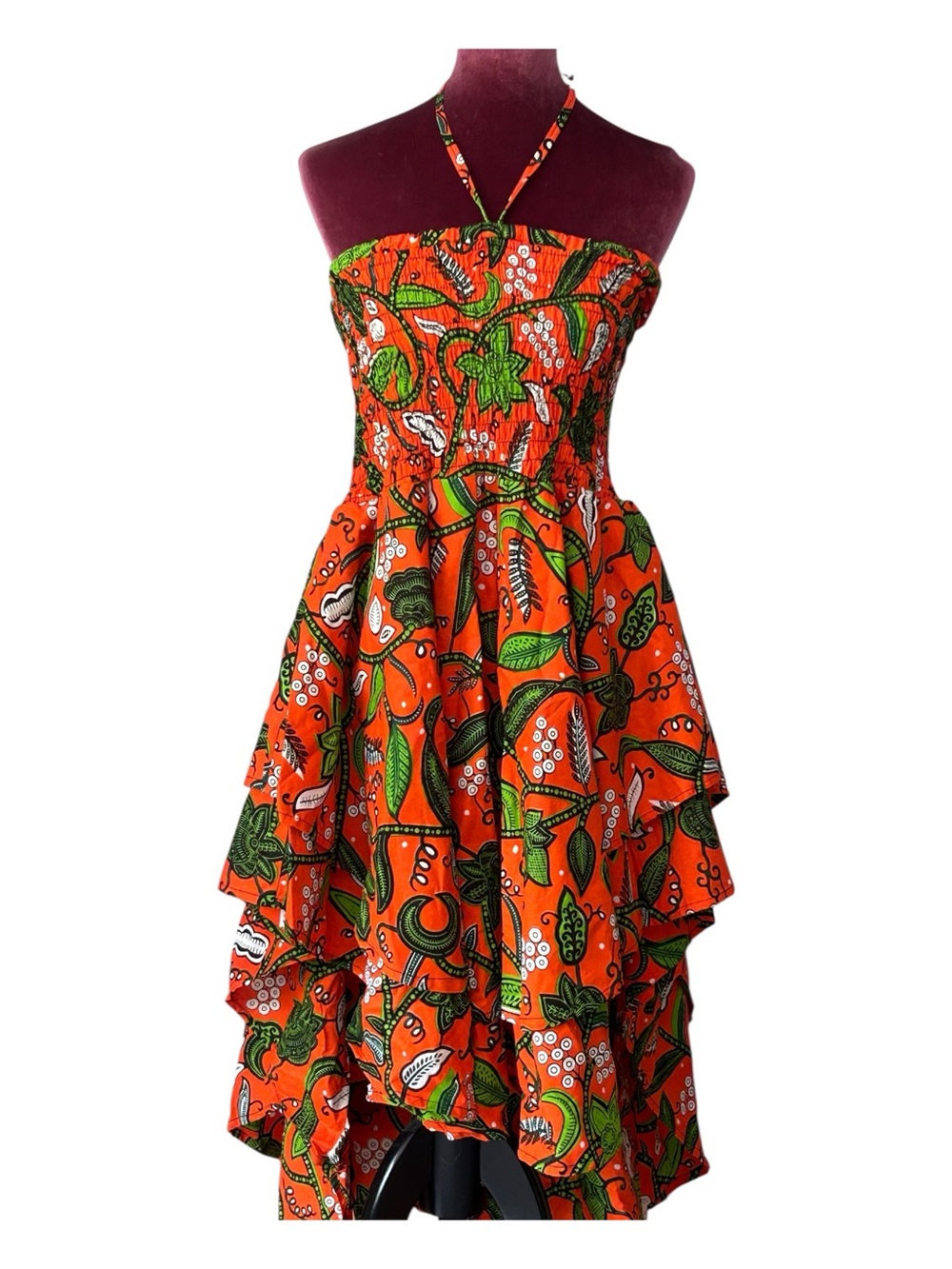 Orange Women’s Floral Print Smocked High Low Halter Tie Sundress
